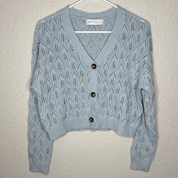 NWOT Petal & Pup Ellen Openwork Knit Cardigan Medium Pale Blue Coastal Grandma - Picture 2 of 5